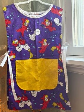 Casper & Wendy Kids Apron Smock Purple Cartoon Print Tie Sides Vintage Inspired